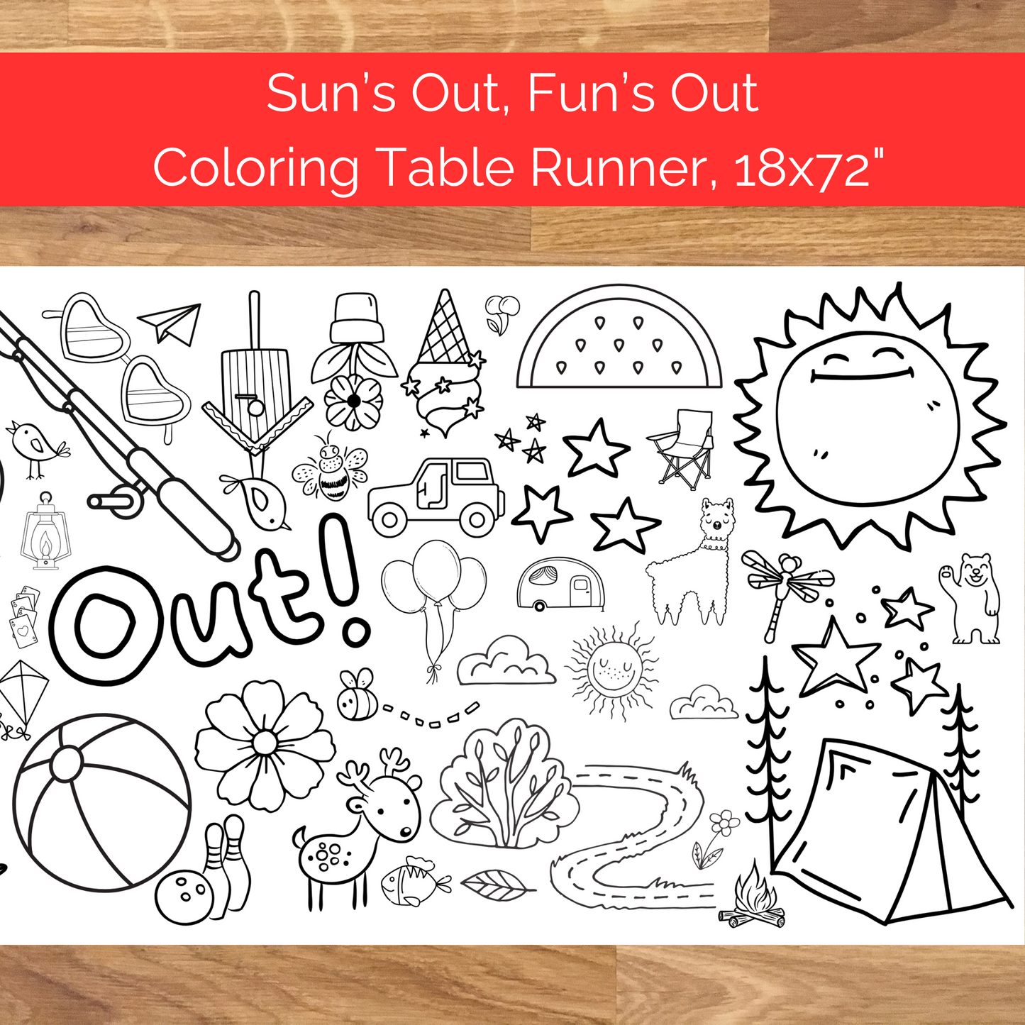 Sun's Out, Fun's Out Summer Coloring Table Runner | Summer Party Banner and Sign