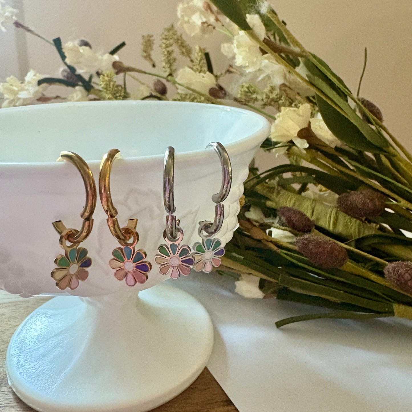 Rainbow Daisy Charm Huggie Hoops