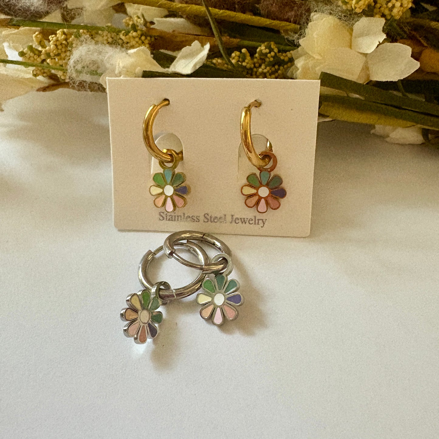Rainbow Daisy Charm Huggie Hoops