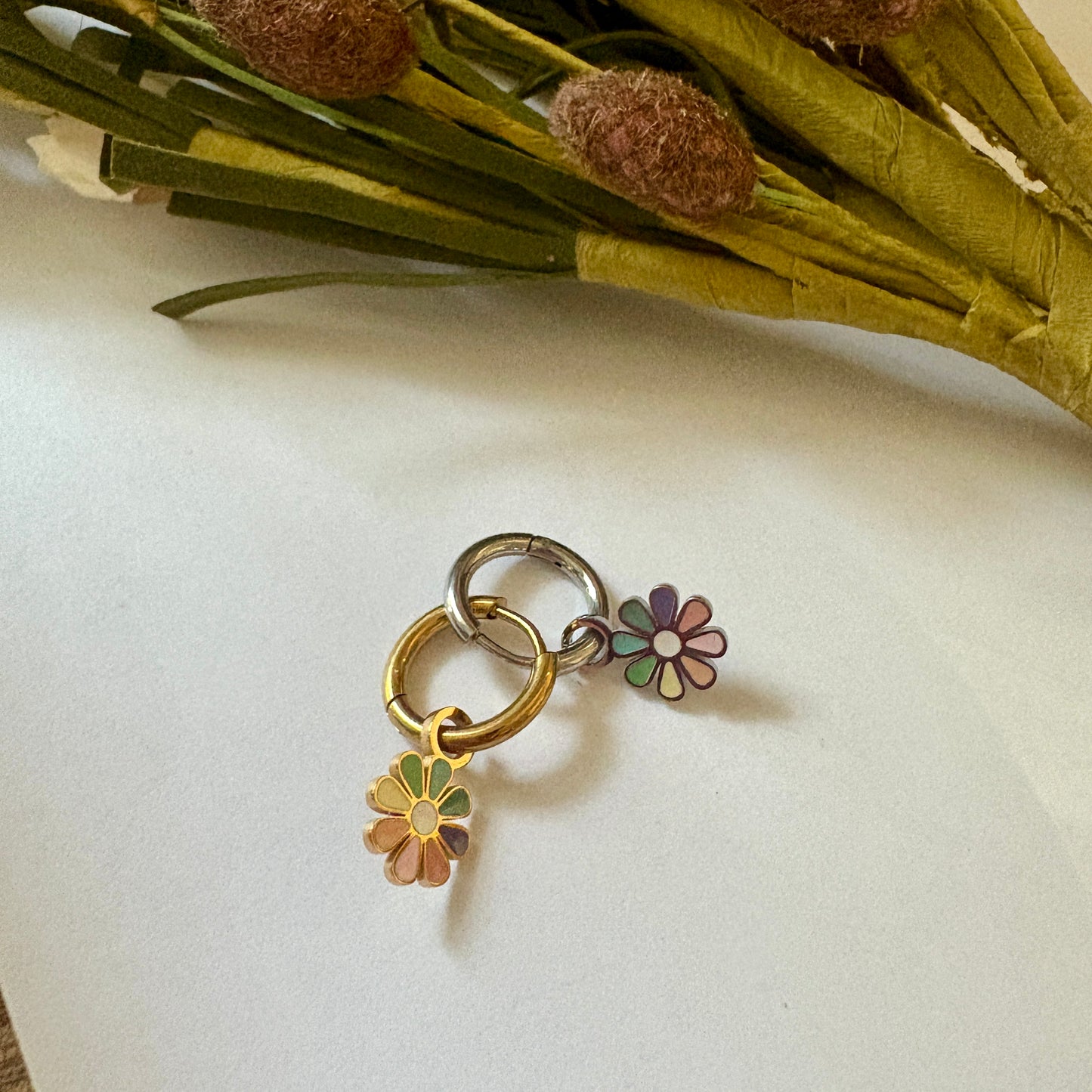 Rainbow Daisy Charm Huggie Hoops