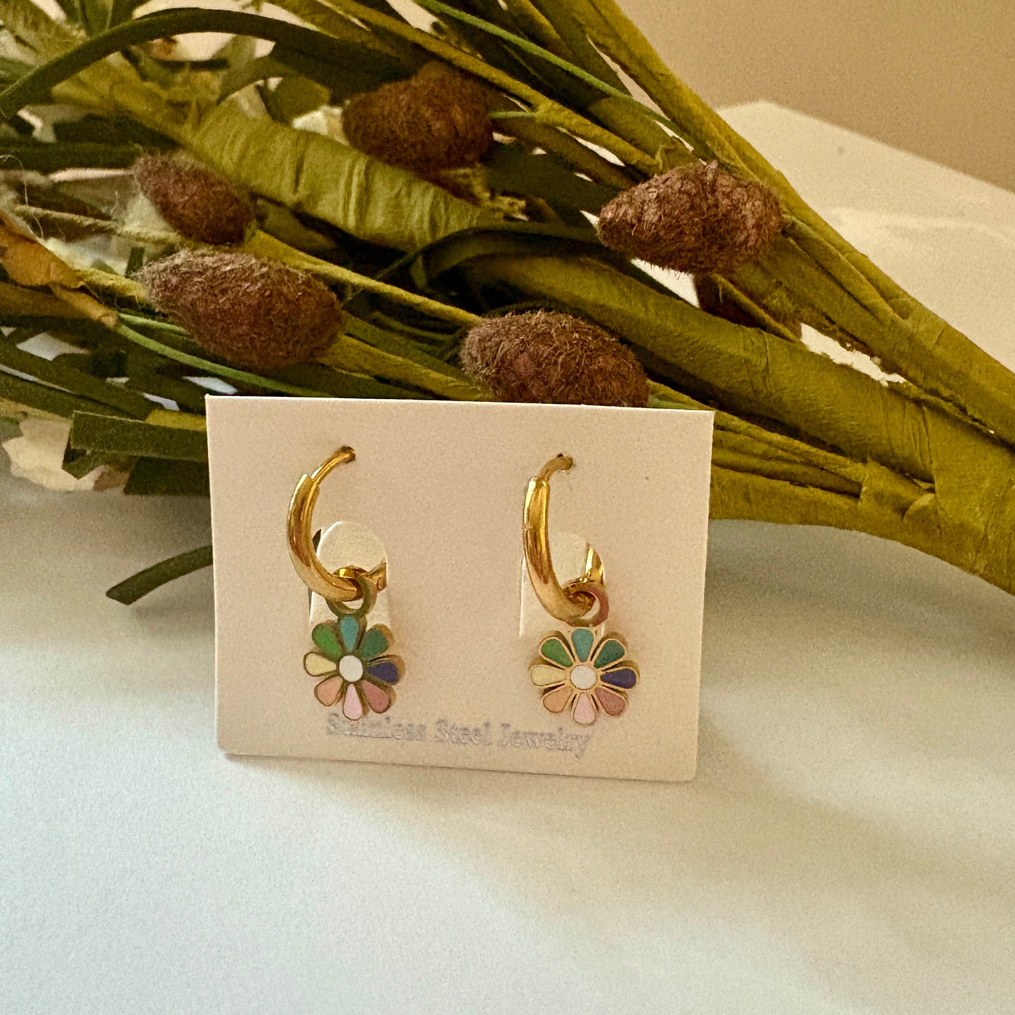 Rainbow Daisy Charm Huggie Hoops