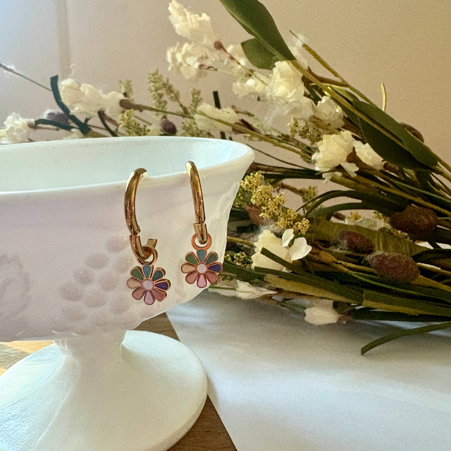Rainbow Daisy Charm Huggie Hoops