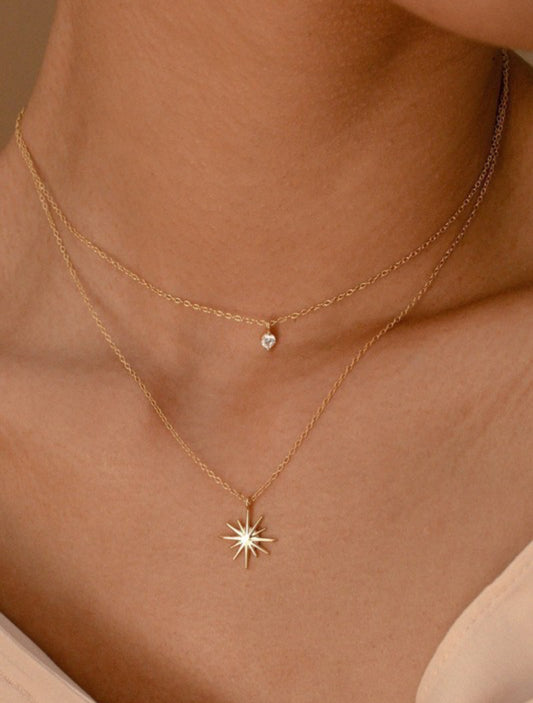 Double Diamond Burst 18k Gold Layered Stainless Steel Necklace