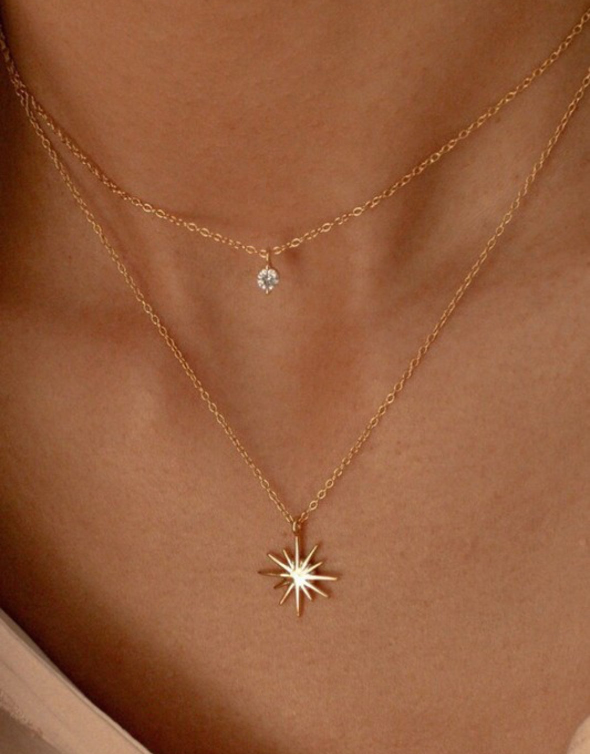 Double Diamond Burst 18k Gold Layered Stainless Steel Necklace