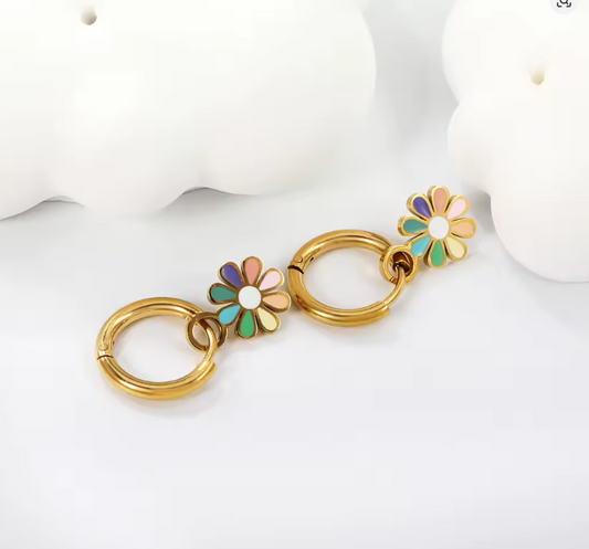 Rainbow Daisy Charm Huggie Hoops