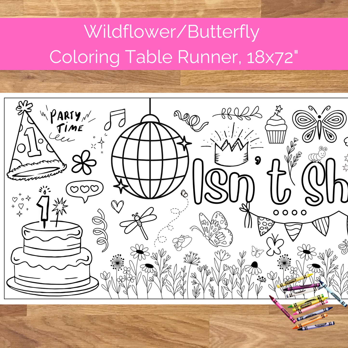 Isn't She ONEderful Birthday Coloring Table Runner and Banner | Butterfly, Wildflower Party Ideas | First Birthday Party Decor