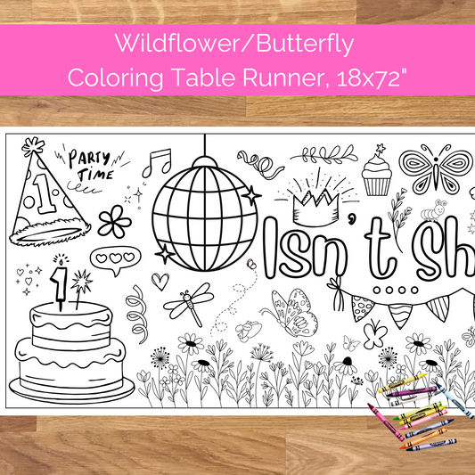 Isn't She ONEderful Birthday Coloring Table Runner and Banner | Butterfly, Wildflower Party Ideas | First Birthday Party Decor