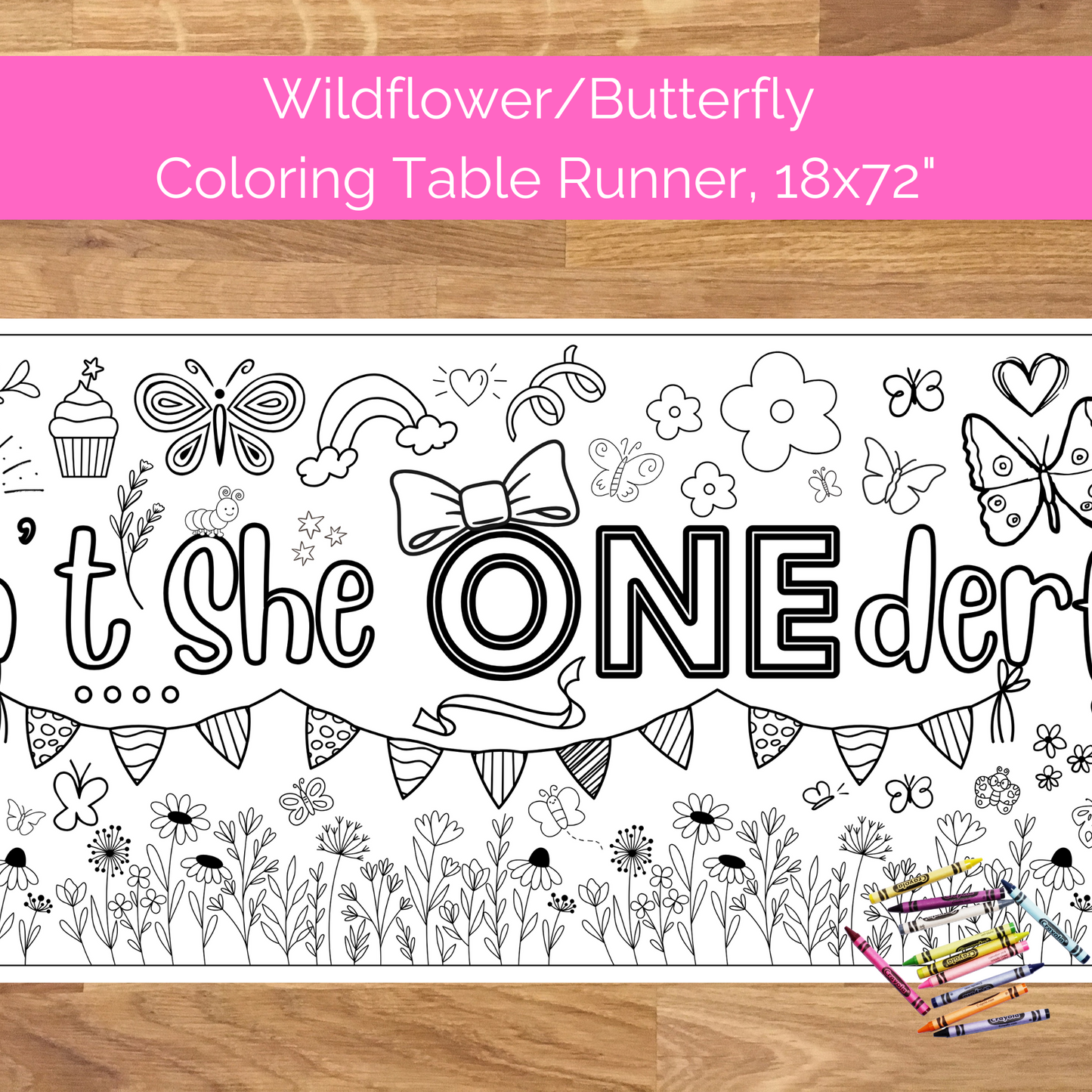 Isn't She ONEderful Birthday Coloring Table Runner and Banner | Butterfly, Wildflower Party Ideas | First Birthday Party Decor