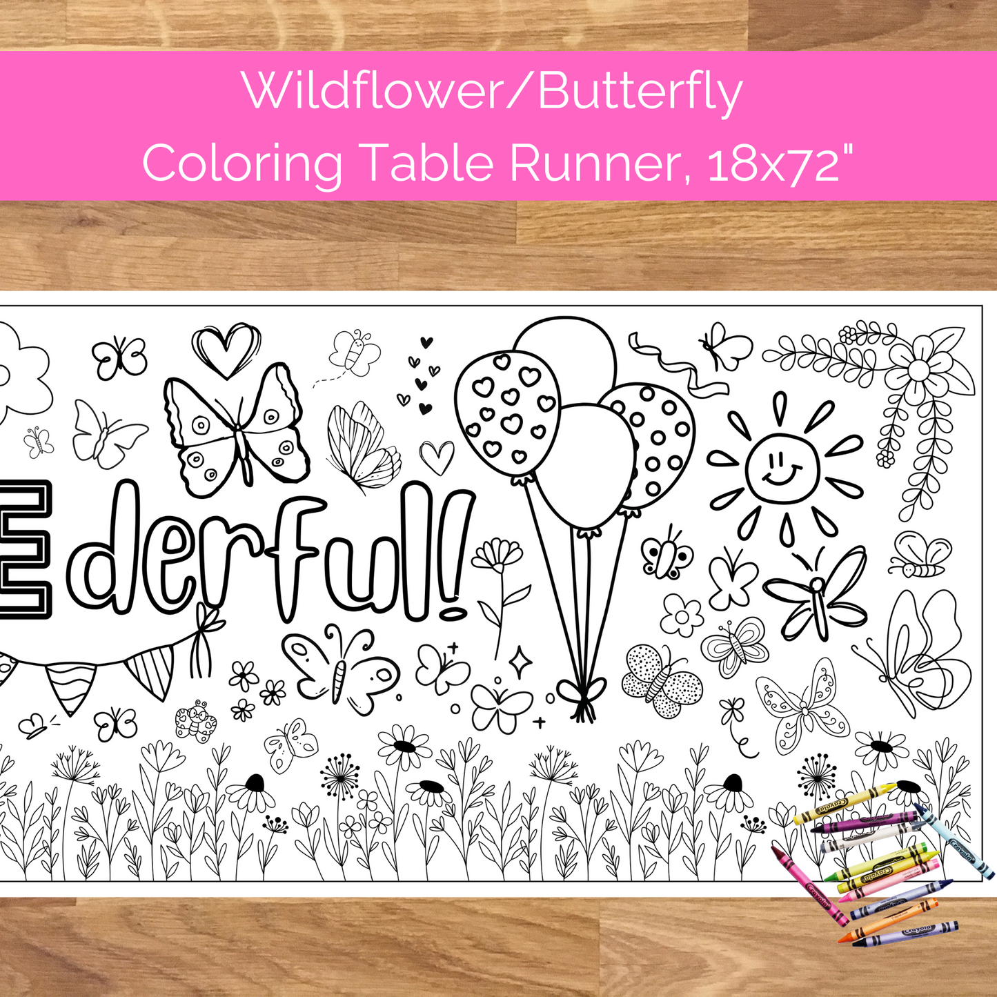 Isn't She ONEderful Birthday Coloring Table Runner and Banner | Butterfly, Wildflower Party Ideas | First Birthday Party Decor