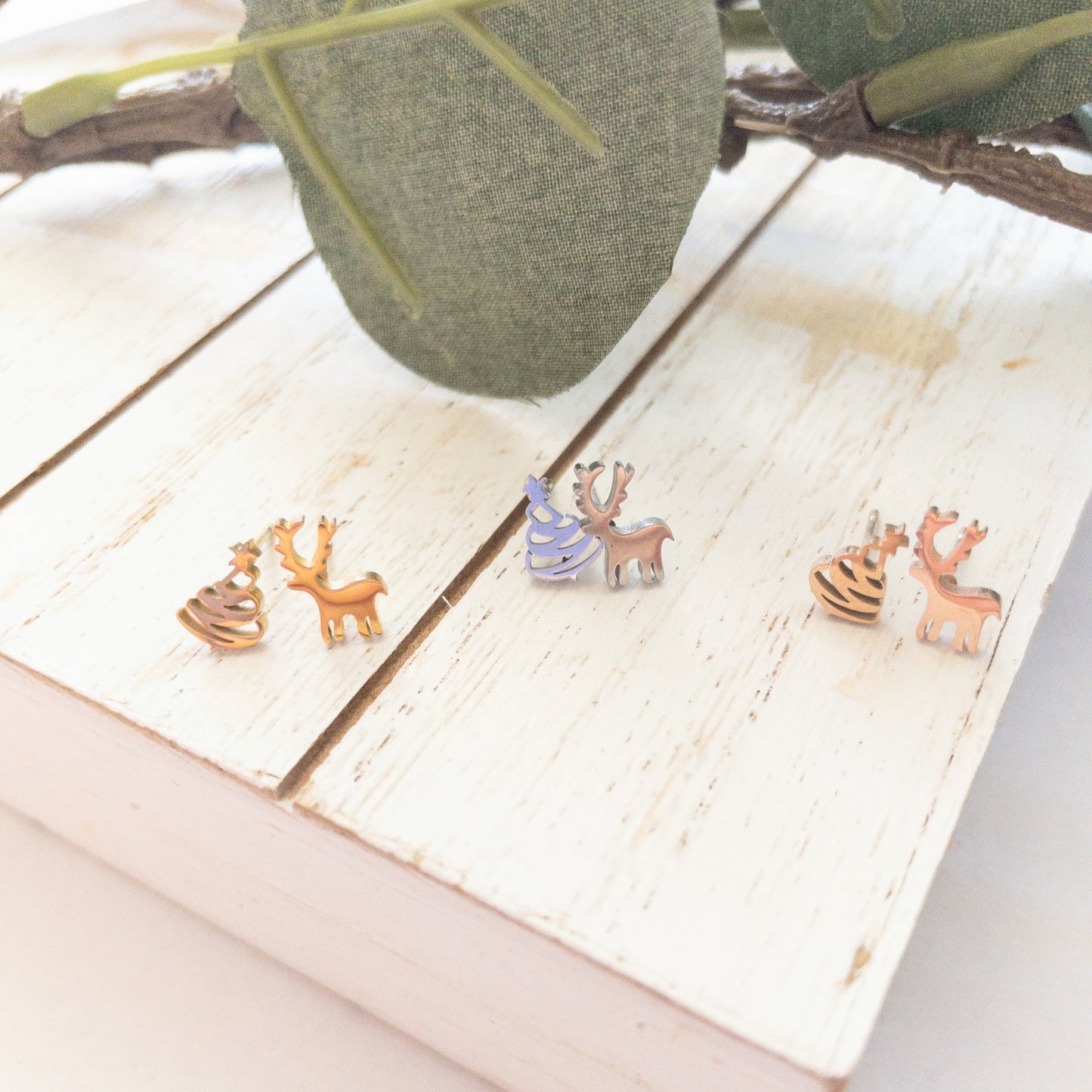 Christmas Tree and Reindeer Asymmetrical Studs