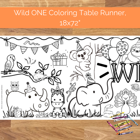 First Birthday Coloring Table Runner | Wild ONE Zoo, Animal, Safari Birthday Decor