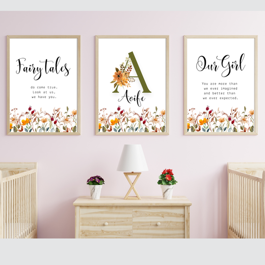 Custom Floral Nursery Art Prints | Set of 3