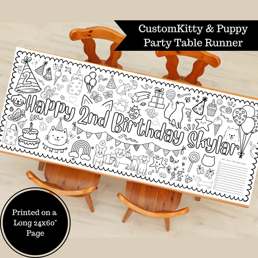 Custom Birthday Coloring Table Runner and Banner | Cat, Dog, Butterfly, Party Decor