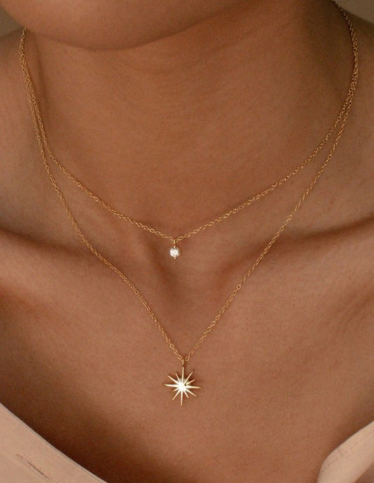 Double Diamond Burst 18k Gold Layered Stainless Steel Necklace