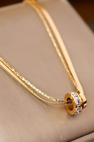 Layered 18k Gold Stainless Steel Wheel Charm Necklace