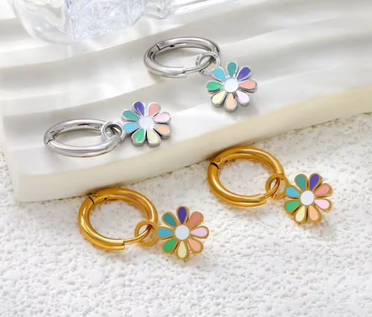 Rainbow Daisy Charm Huggie Hoops