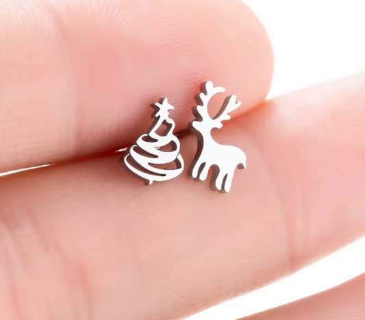 Christmas Tree and Reindeer Asymmetrical Studs